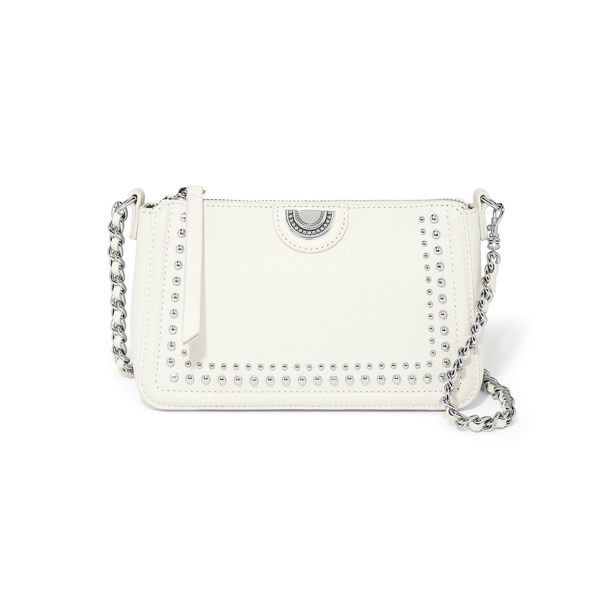 Brighton white handbag with silver-tone studded trim, medallion accent, and woven chain strap on a white background