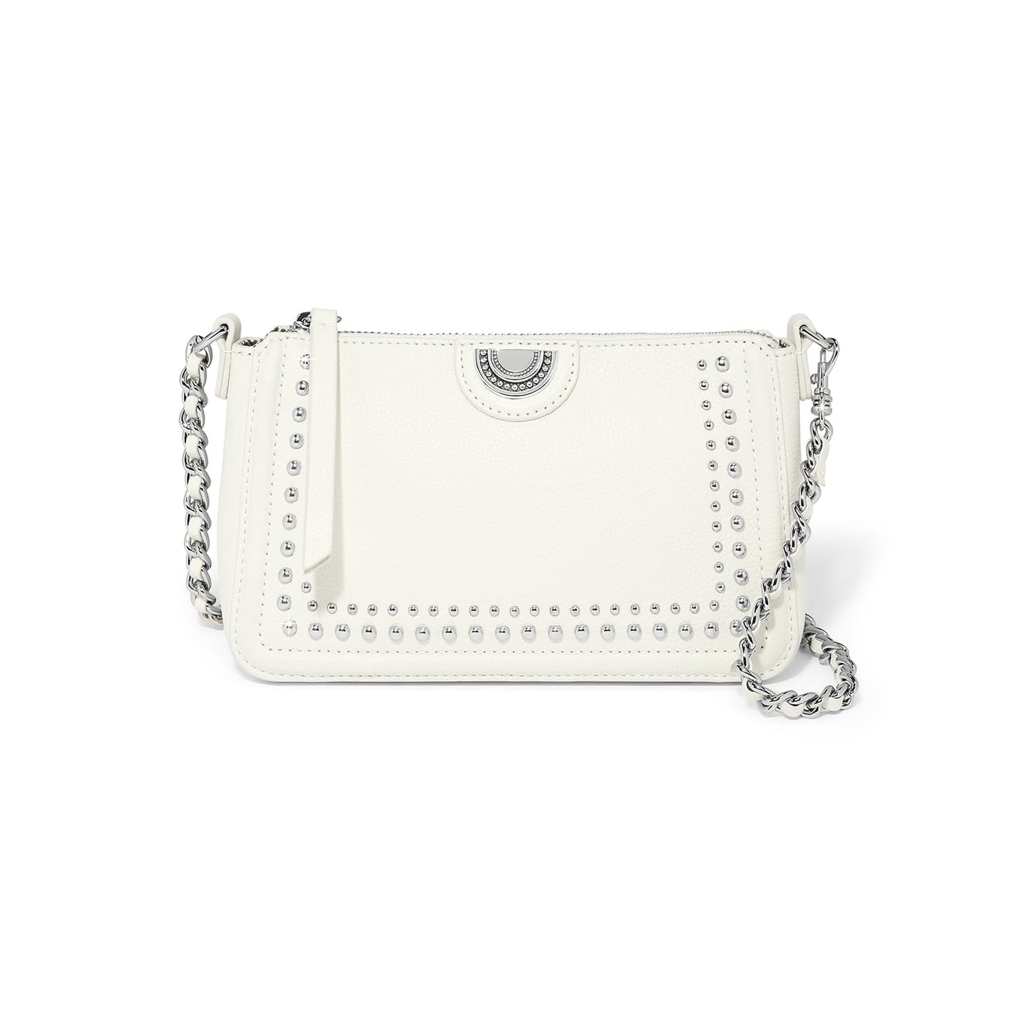 Brighton white handbag with silver-tone studded trim, medallion accent, and woven chain strap on a white background