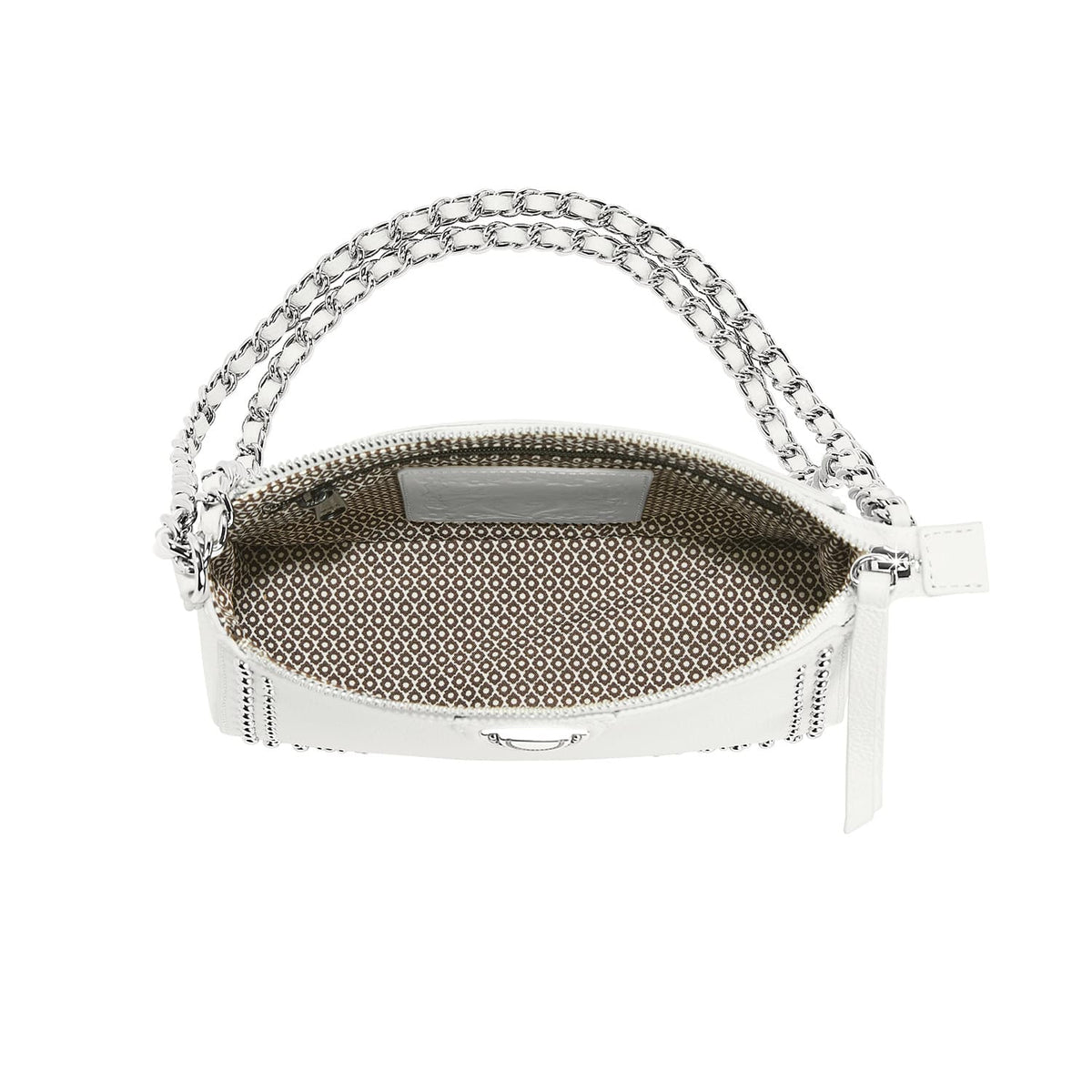 Brighton white handbag shown open with patterned interior lining and silver-tone chain handles on a white background