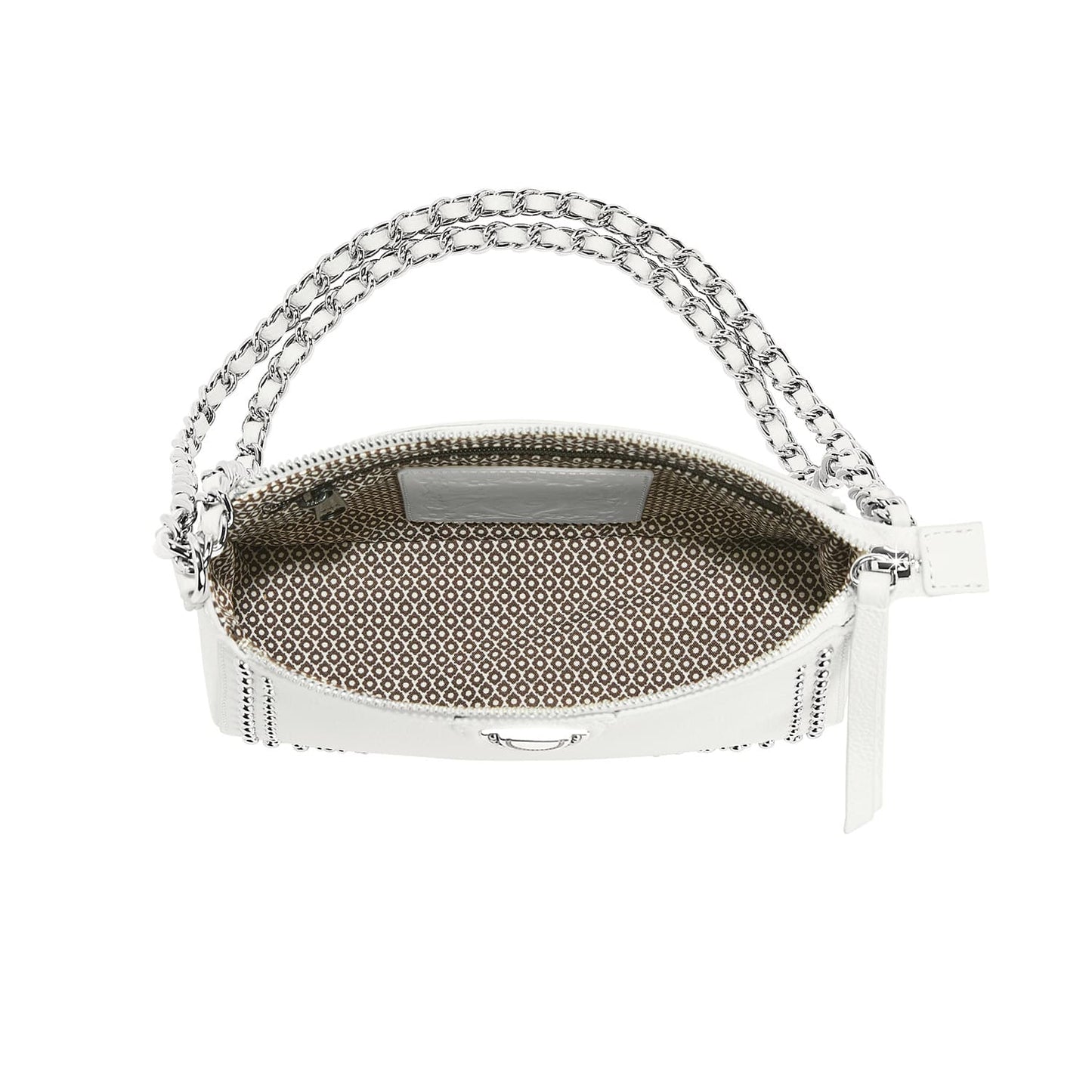 Brighton white handbag shown open with patterned interior lining and silver-tone chain handles on a white background