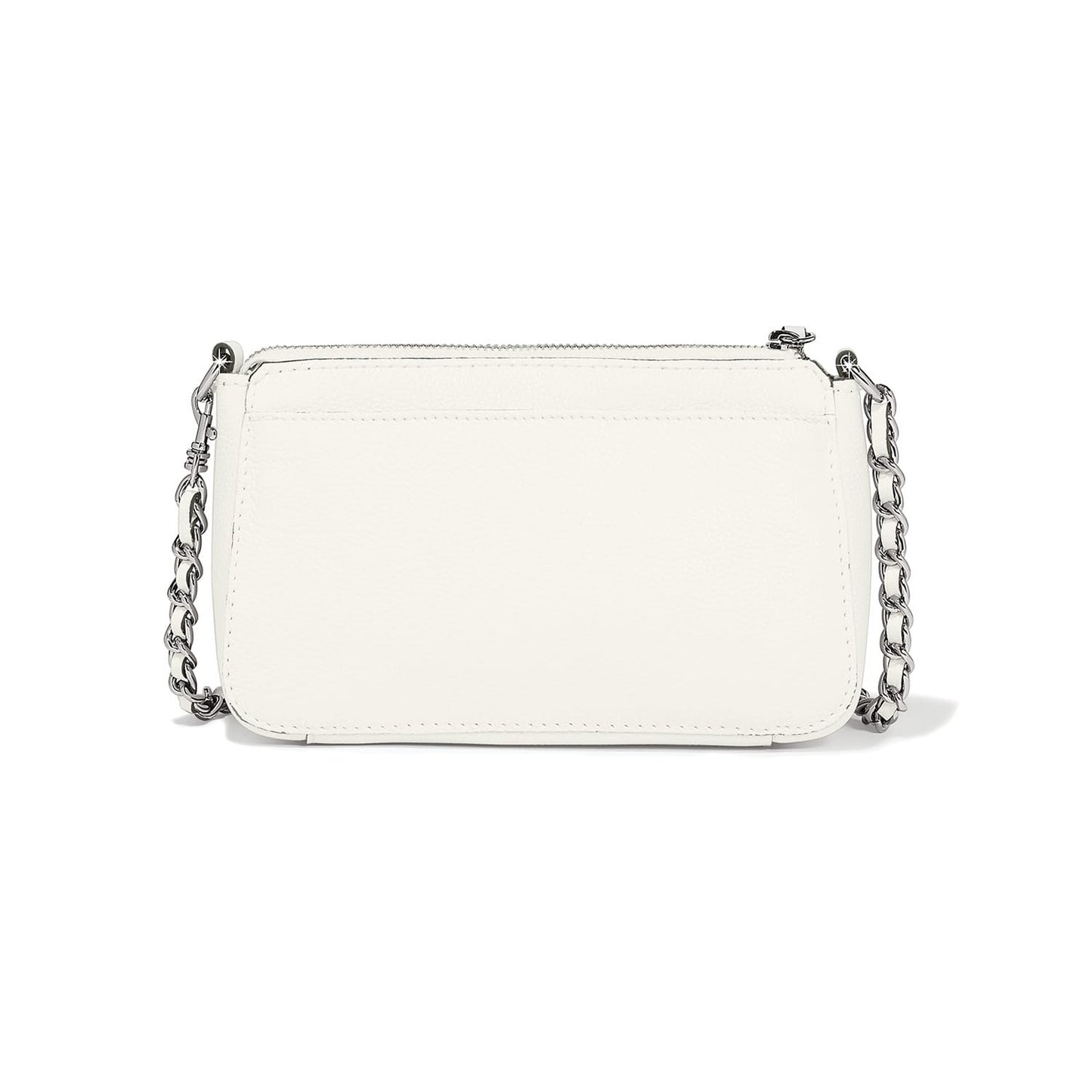 Brighton white leather handbag shown from the back with silver-tone woven chain strap on a white background