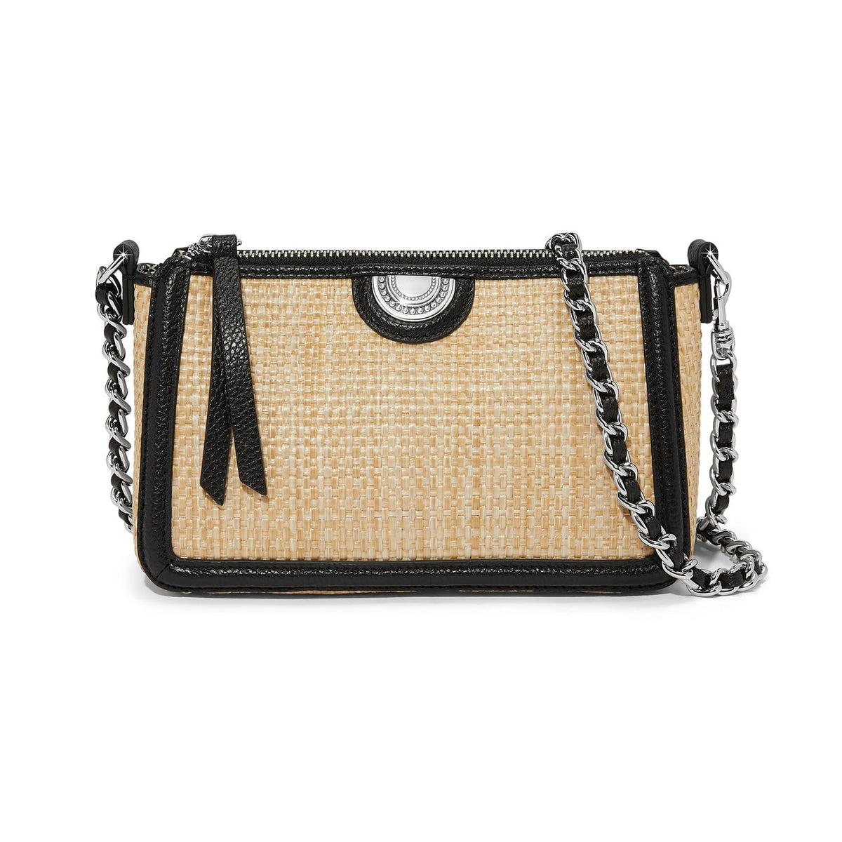 Brighton crossbody handbag in natural woven straw with black leather trim and silver-tone chain strap on a white background