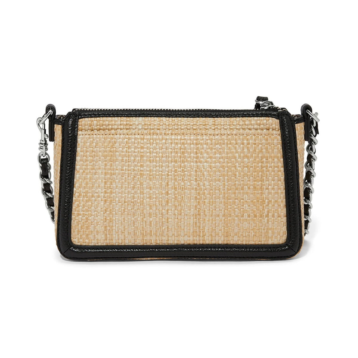 Brighton woven straw handbag shown from the back with black leather trim and silver-tone chain strap on a white background