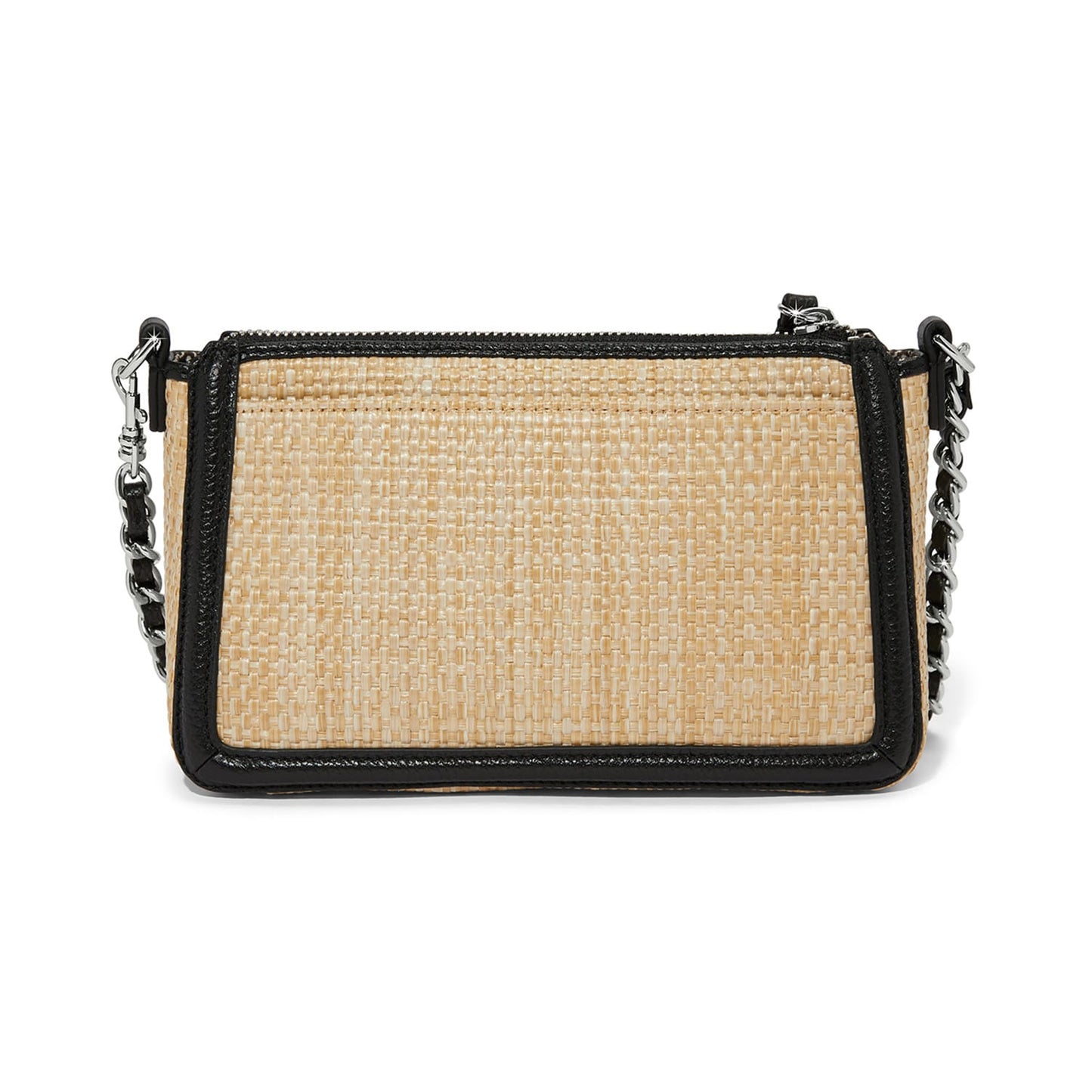 Brighton woven straw handbag shown from the back with black leather trim and silver-tone chain strap on a white background