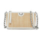 Brighton handbag with woven straw body, white leather trim, silver-tone medallion, and chain crossbody strap on a white background