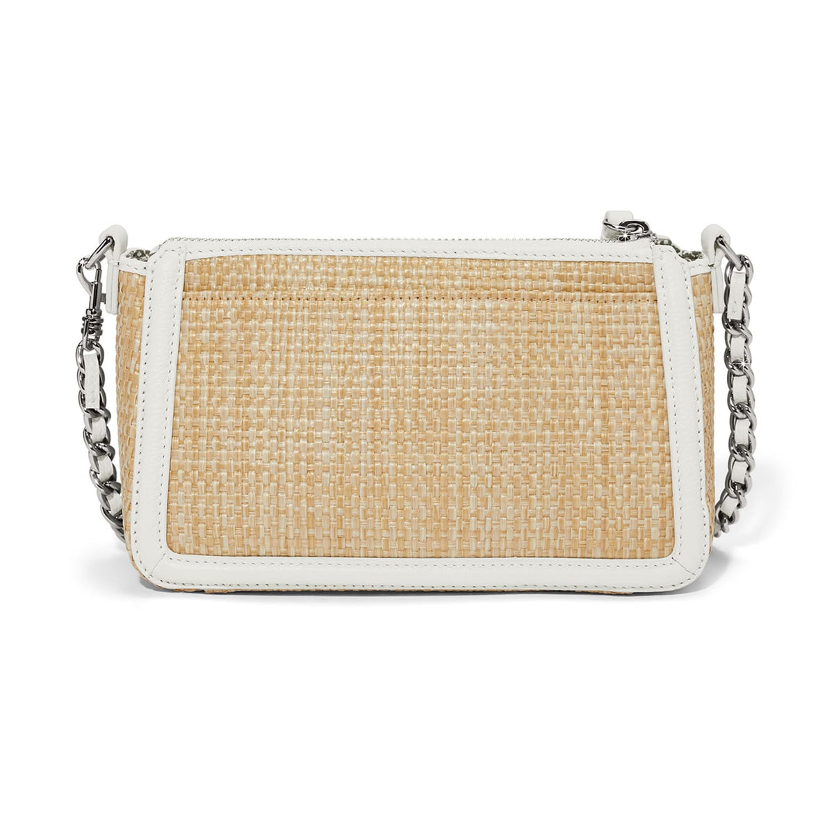 Brighton handbag shown from the back in natural woven straw with white leather trim and silver-tone chain strap on a white background
