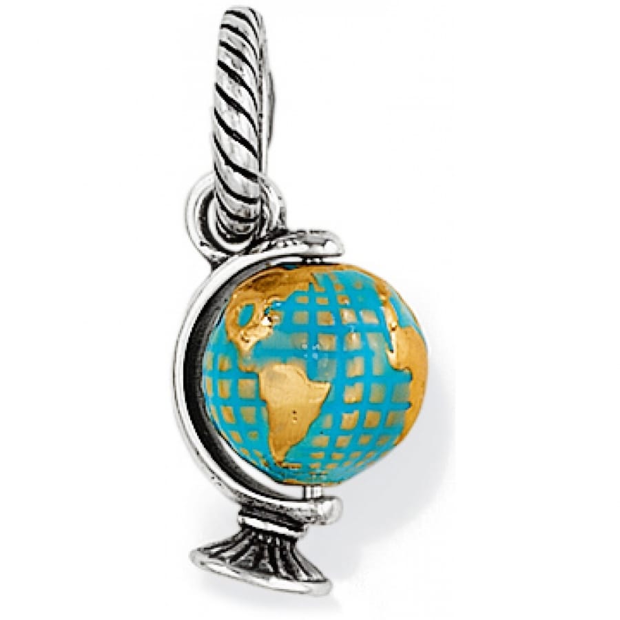 Brighton globe charm with turquoise and gold enamel world map on silver-tone stand on a white background