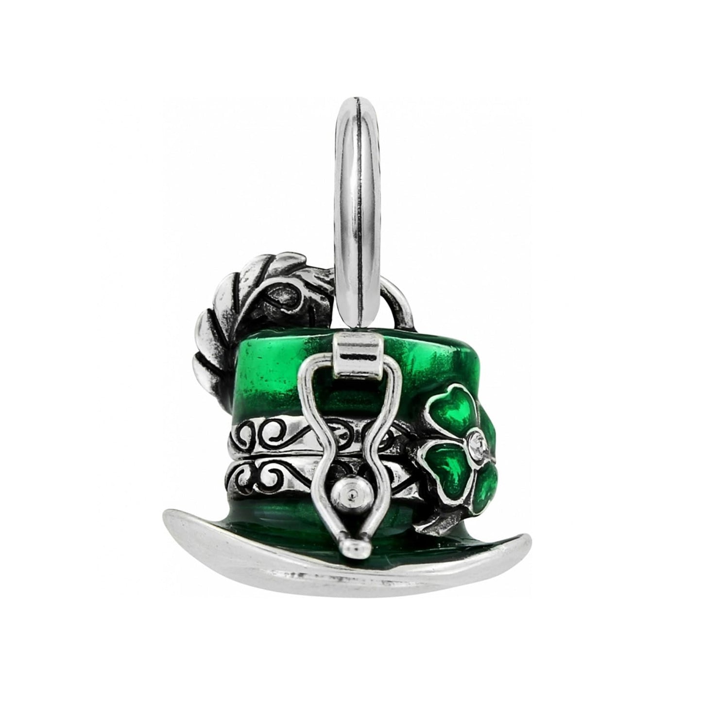 Brighton leprechaun top hat charm in green enamel with silver-plated shamrock, buckle, and feather accents on a white background