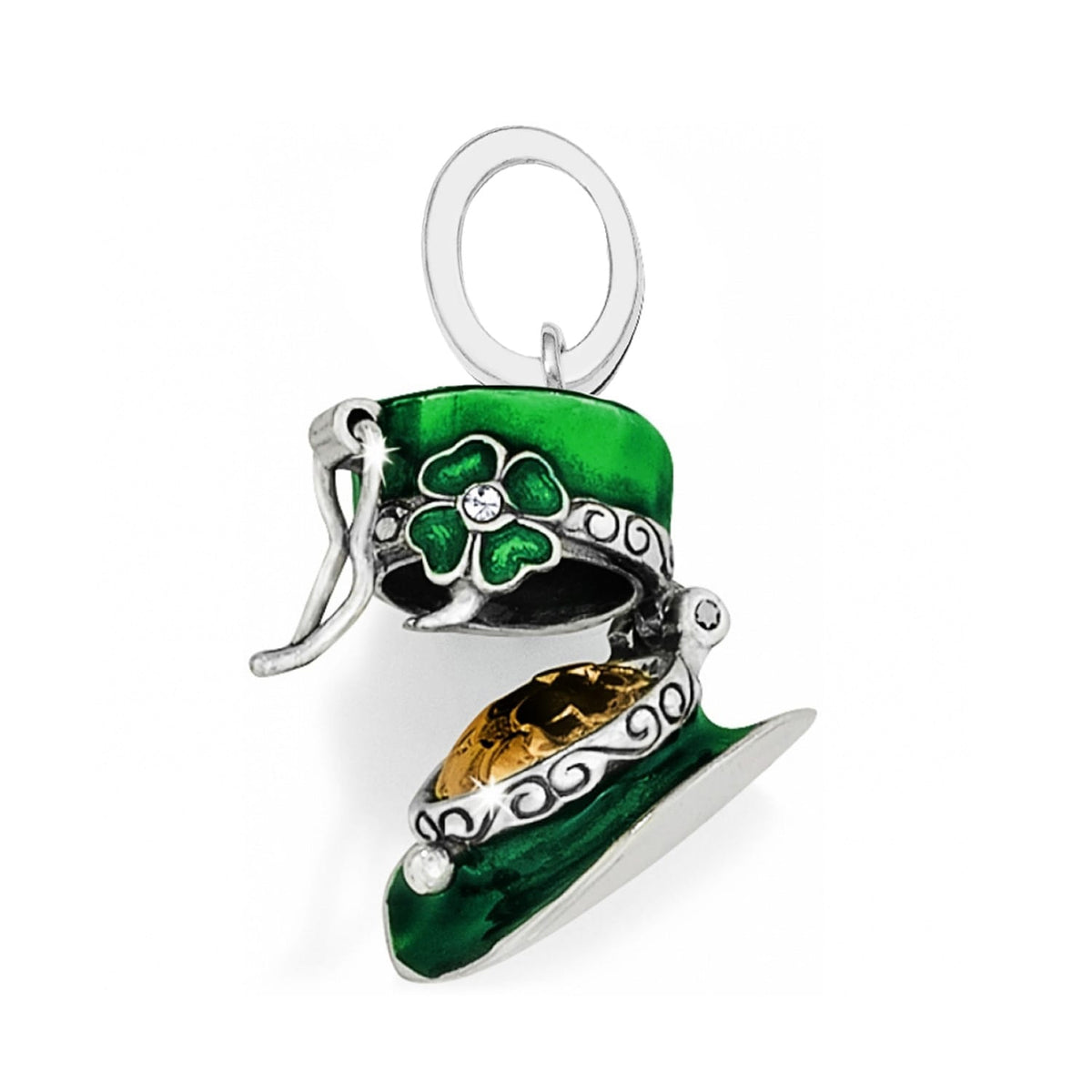 Brighton leprechaun hat charm in green enamel with shamrock, crystal accent, and silver-plated details on a white background