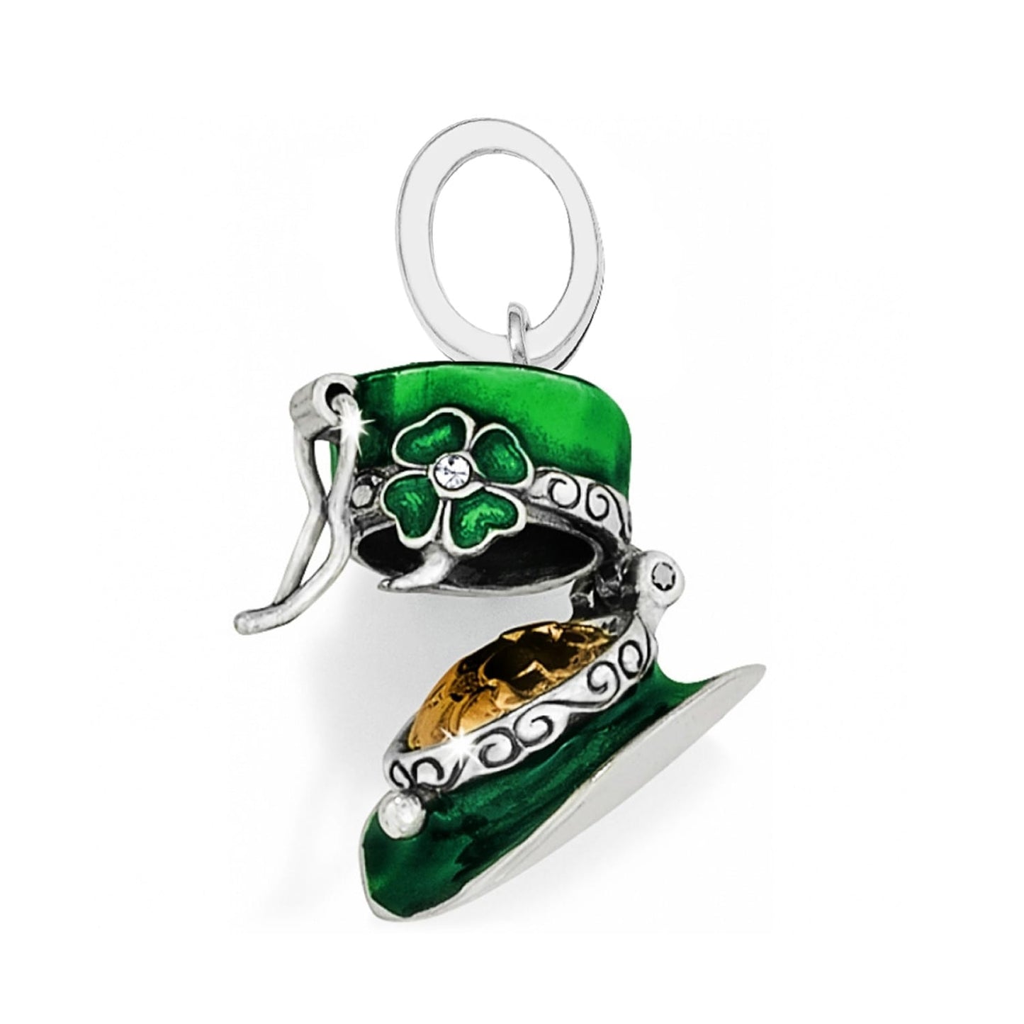 Brighton leprechaun hat charm in green enamel with shamrock, crystal accent, and silver-plated details on a white background