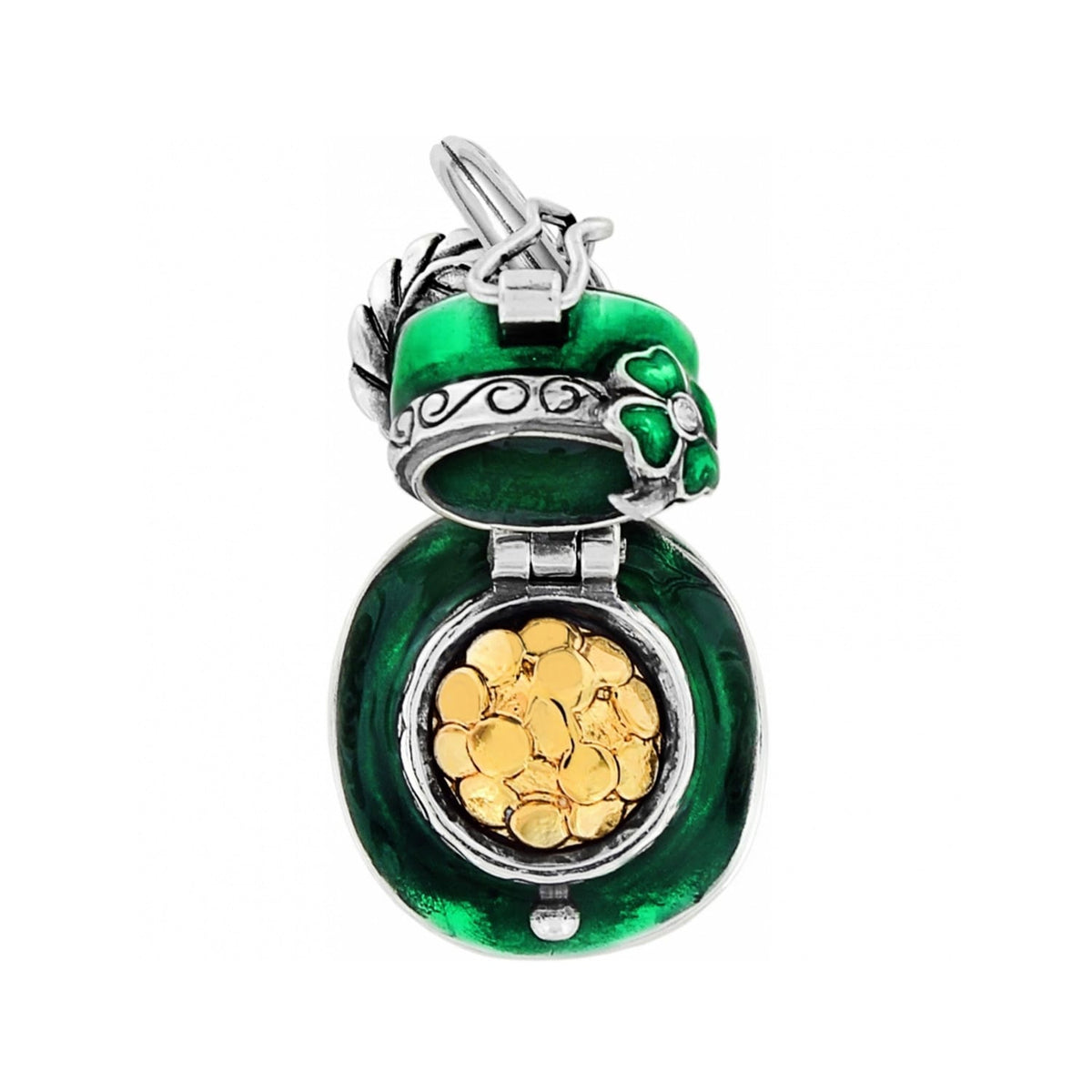 Brighton pot of gold charm shown open with green enamel, silver-plated shamrock accent, and gold coins on a white background