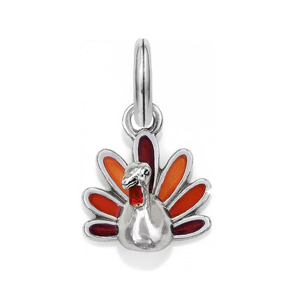 Brighton turkey charm with silver-plated body and red and orange enamel feathers on a white background