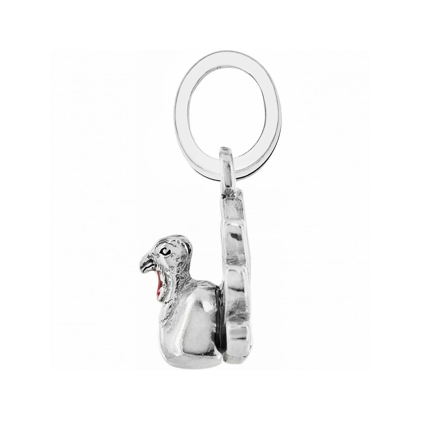 Brighton camel charm with silver-plated finish and red enamel mouth detail, attached to ring on a white background
