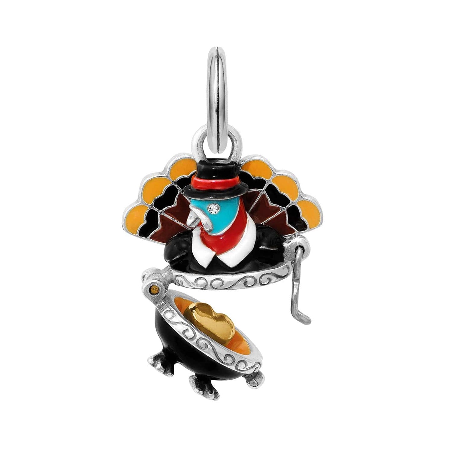 Brighton turkey charm with colorful enamel feathers, top hat, and silver-plated cauldron with golden heart on a white background