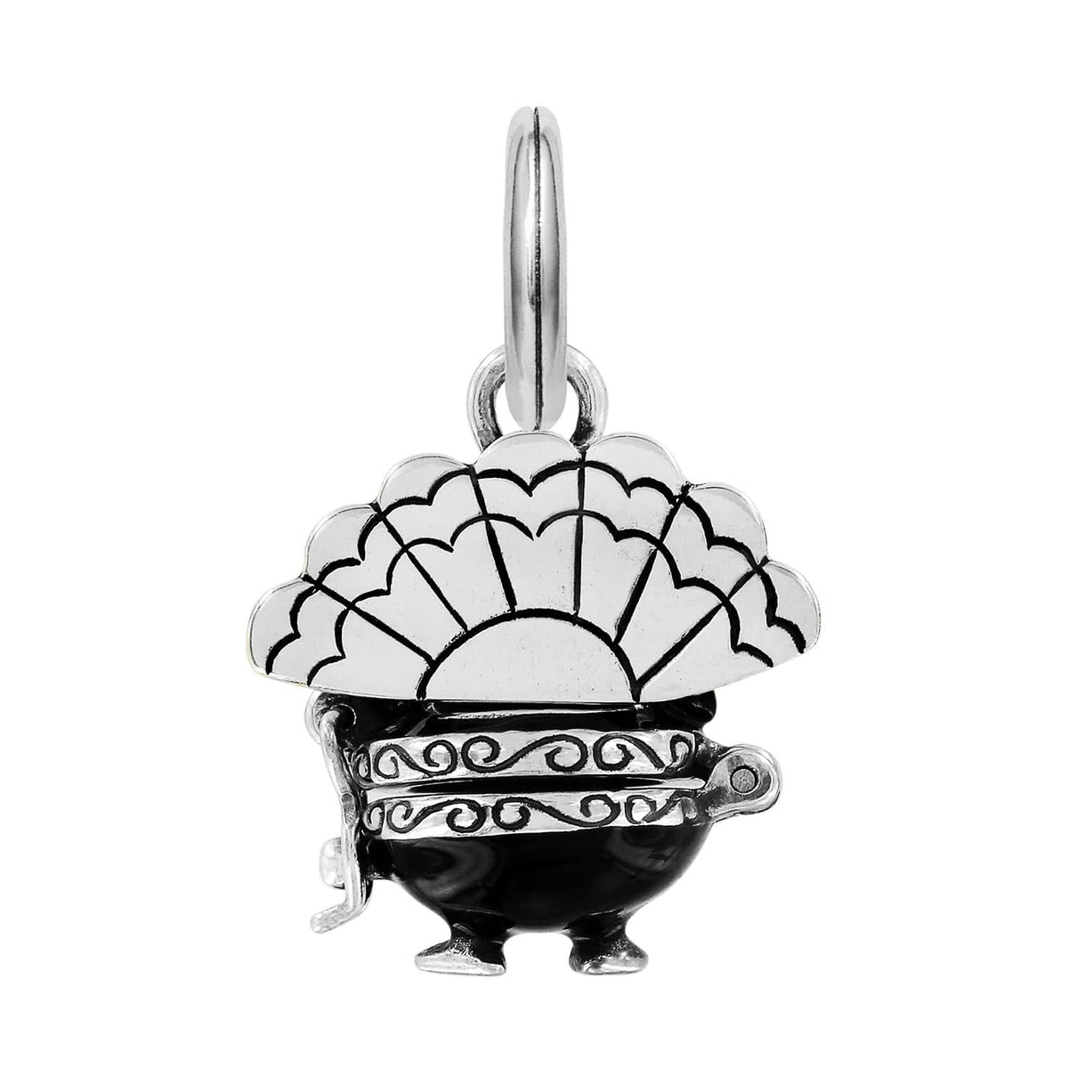 Brighton charm with black enamel cauldron base and silver-plated fan-shaped top with engraved detailing on a white background