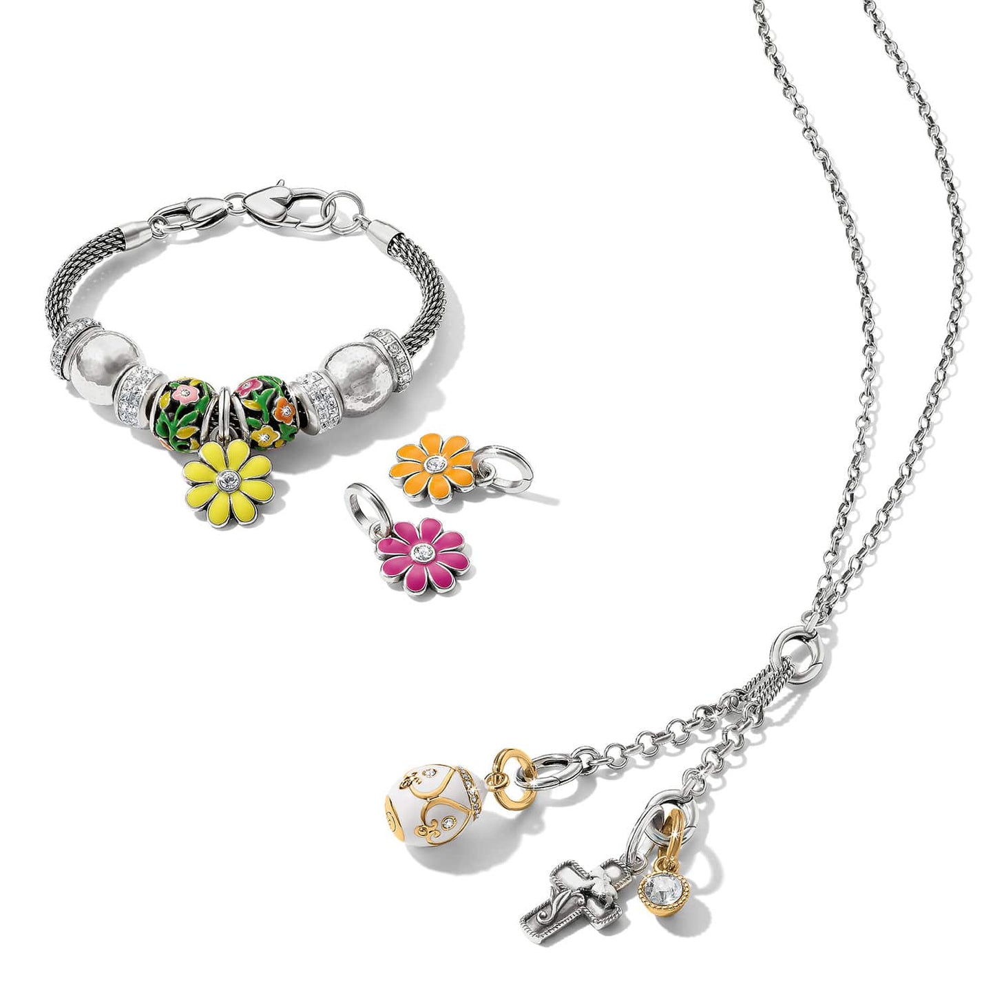 Brighton silver-tone charm bracelet styled with enamel floral charms and a chain necklace with gold-plated crystal charms