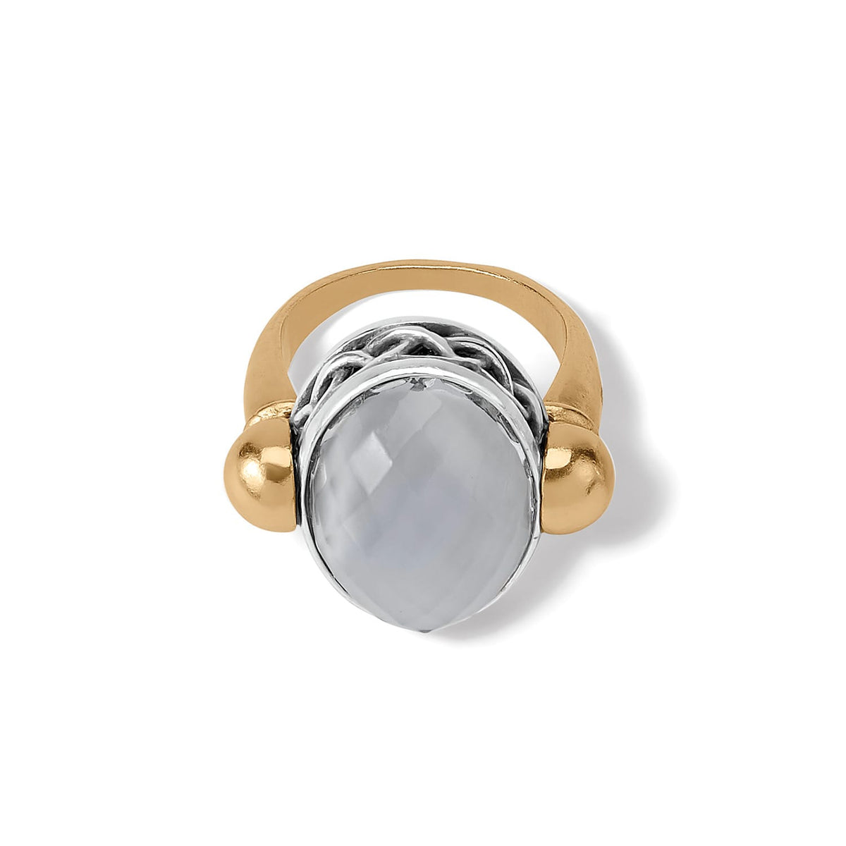 Brighton ring with faceted oval crystal stone, silver-tone rope frame, and gold-plated band on a white background