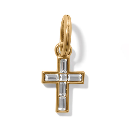 Brighton cross charm in gold-plated finish with baguette crystal accents and split ring on a white background
