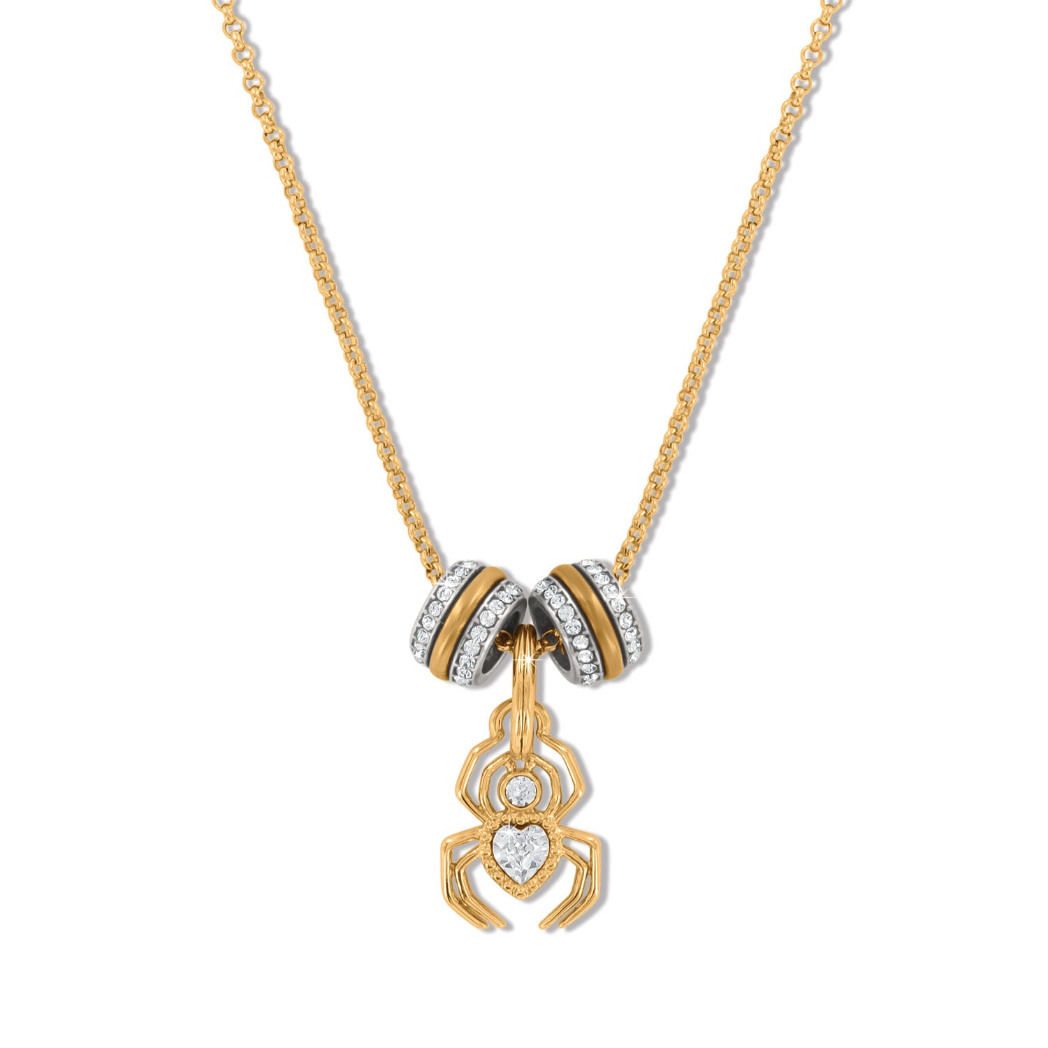 Brighton gold-plated charm necklace with crystal spider pendant and two crystal enamel bead rings on a white background