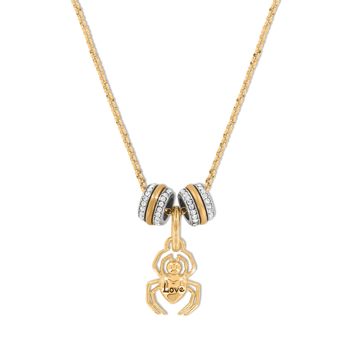 Brighton gold-plated necklace with spider charm engraved Love and two crystal-accented enamel bead spacers on a white background