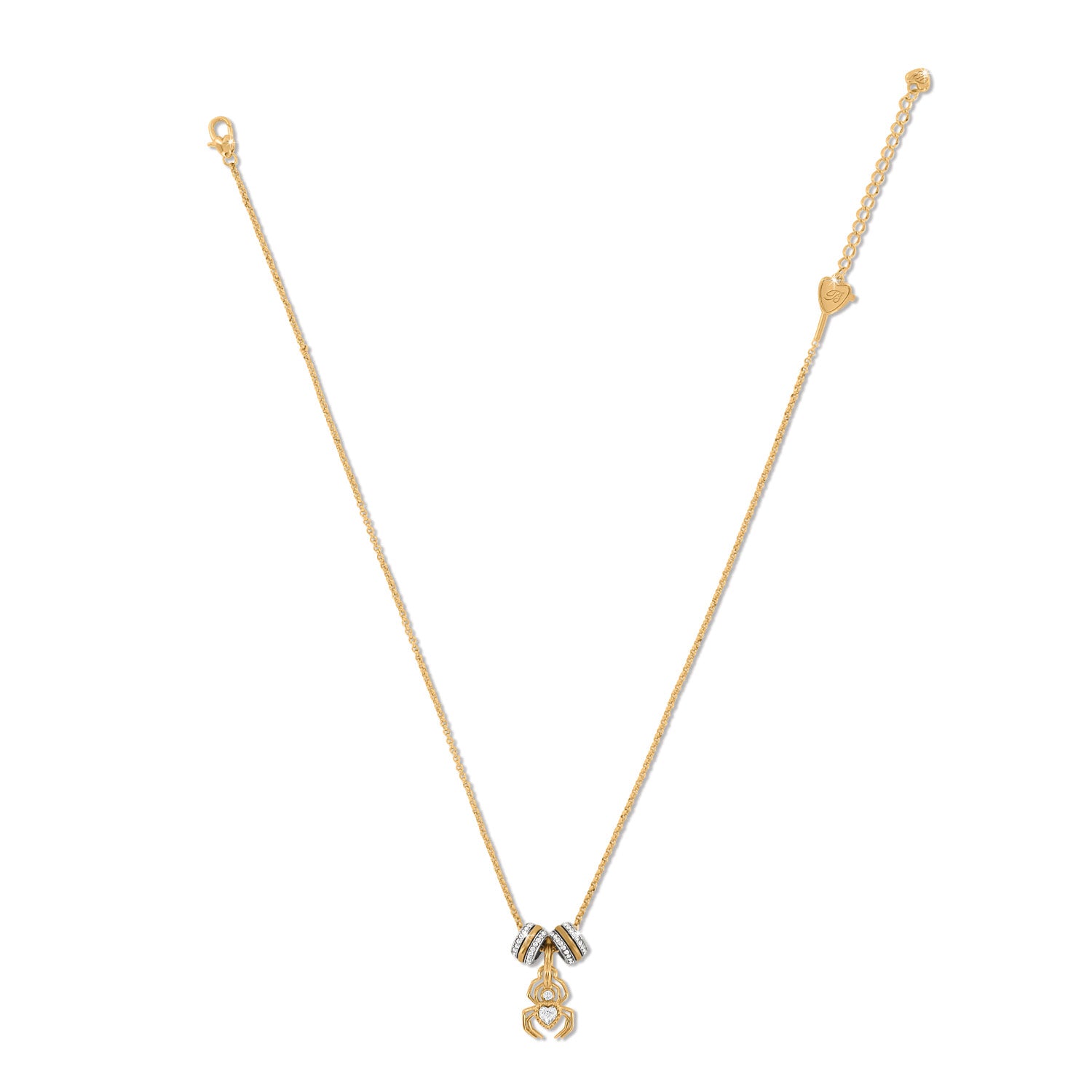 Brighton gold-plated pendant necklace with crystal spider charm and enamel accent rings on a white background
