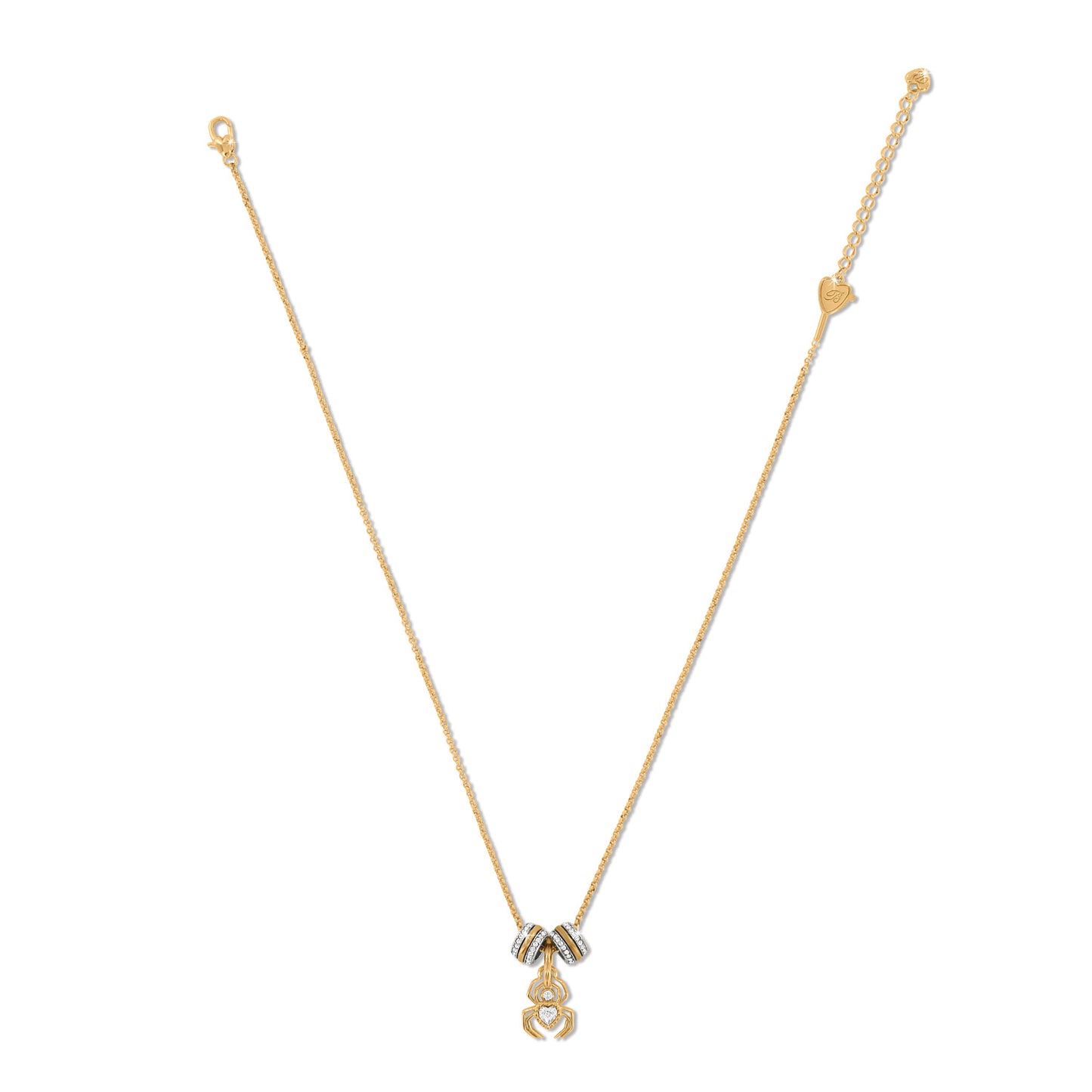 Brighton gold-plated pendant necklace with crystal spider charm and enamel accent rings on a white background