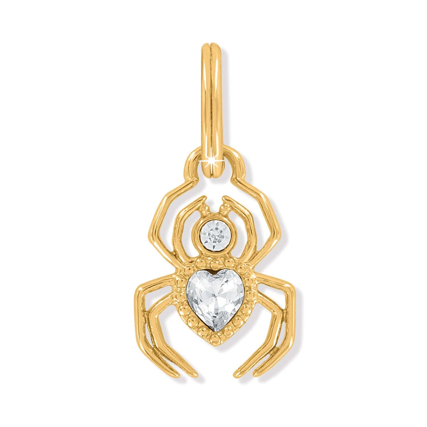 Brighton spider charm in gold-plated finish with round crystal accent and heart-shaped crystal body on a white background