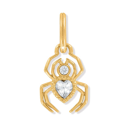 Brighton spider charm in gold-plated finish with round crystal accent and heart-shaped crystal body on a white background