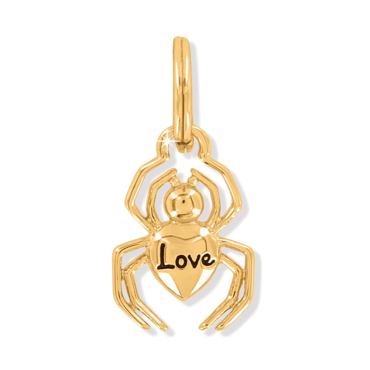 Brighton spider charm in gold-plated finish with heart-shaped body engraved with the word Love on a white background