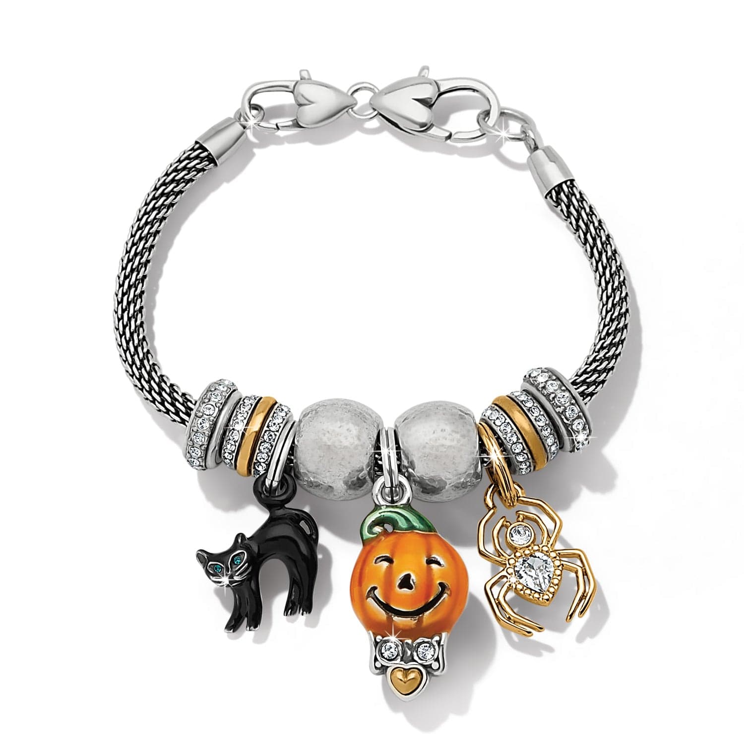 Brighton charm bracelet with mesh chain, crystal beads, black cat, orange pumpkin, and gold spider charms on a white background