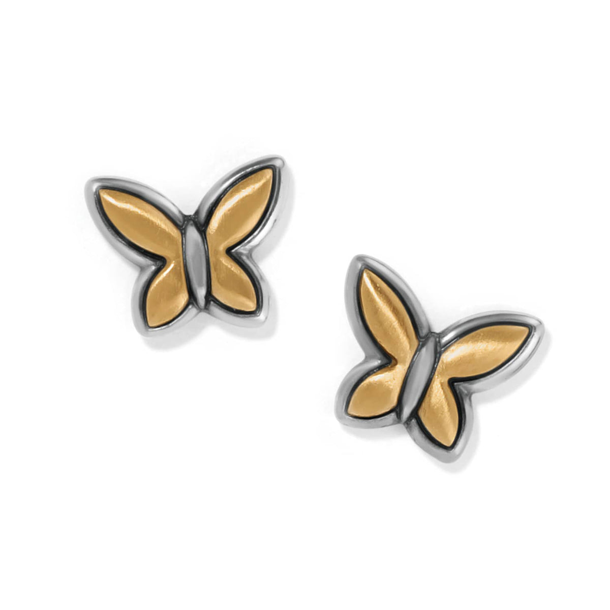 Brighton butterfly stud earrings with gold-plated wings and silver-plated outlined borders on a white background