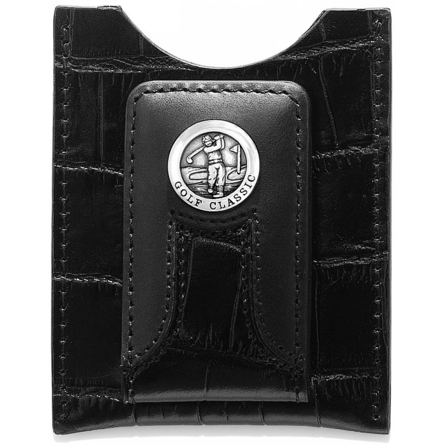 Brighton black croc-embossed leather money clip wallet with silver-tone Golf Classic golfer medallion on a white background
