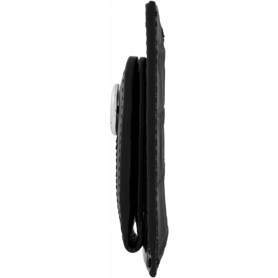 Brighton black leather wallet shown from the side with snap closure and stitched edges on a white background