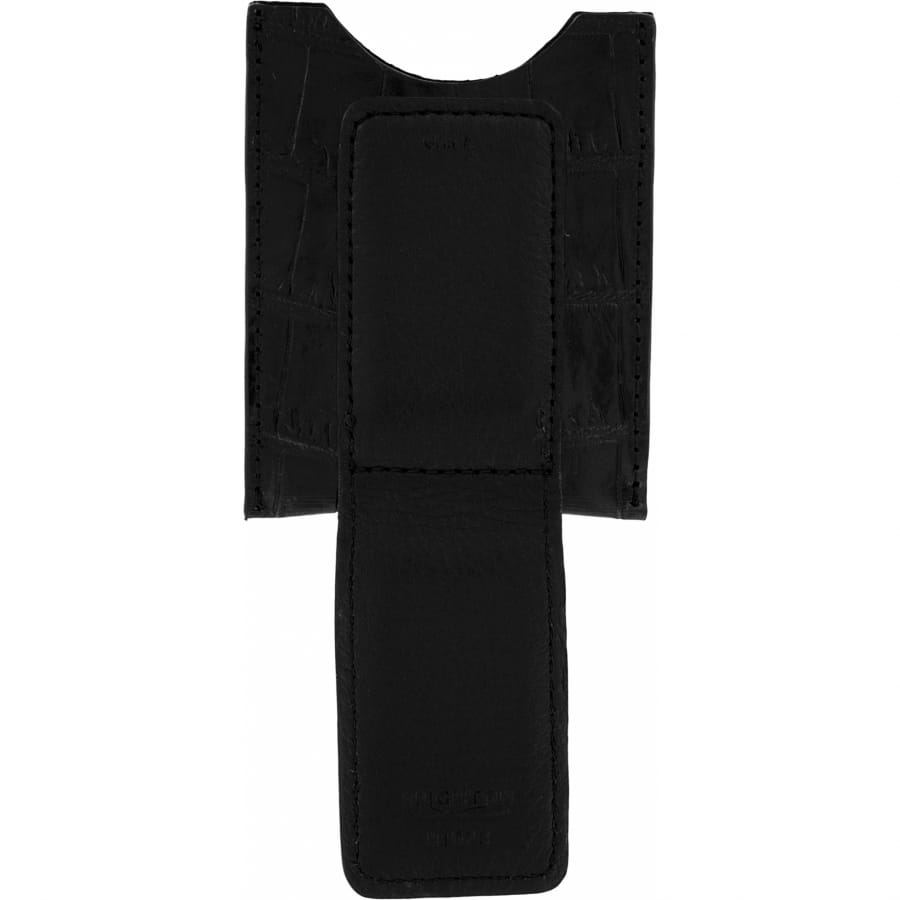 Brighton black leather case shown open with croc-embossed side panels and stitched center pocket on a white background