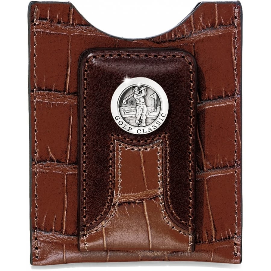 Brighton brown croc-embossed leather money clip wallet with silver-tone Golf Classic medallion on a white background