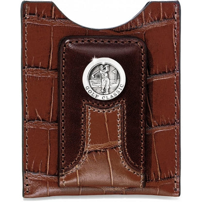 Brighton brown croc-embossed leather money clip wallet with silver-tone Golf Classic medallion on a white background
