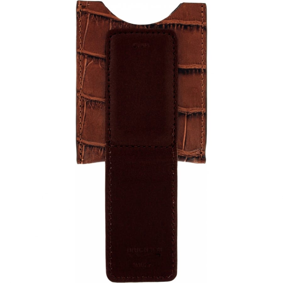 Brighton leather case with brown croc-embossed panel and smooth dark brown stitched center flap on a white background