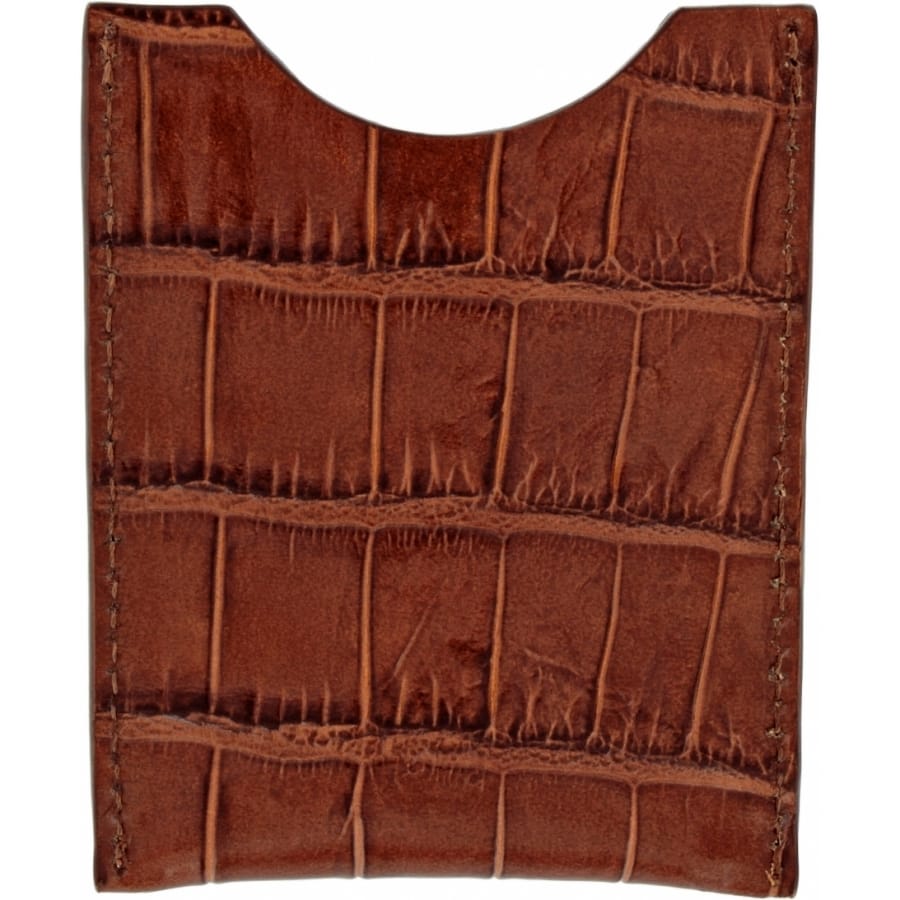Brighton card holder in brown crocodile-embossed leather with visible edge stitching and curved top opening on a white background