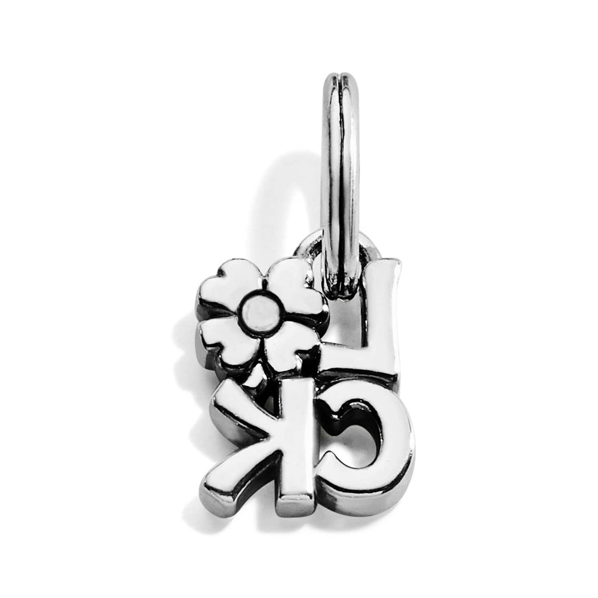 Brighton charm with silver-plated flower and lettering design suspended from a jump ring on a white background