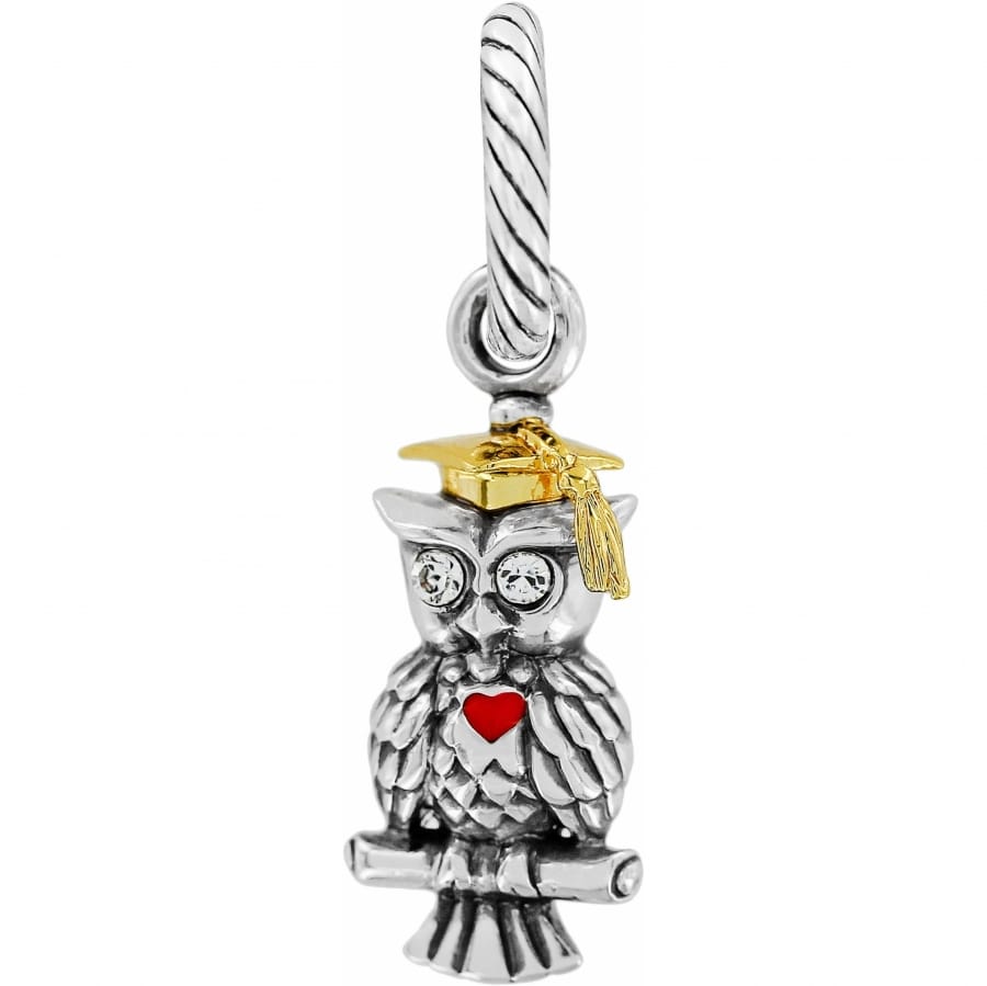Brighton owl charm with two-tone finish, gold graduation cap, crystal eyes, and red heart on a white background