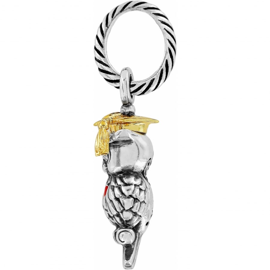 Brighton owl charm with silver-tone body and gold-tone graduation cap hanging from twisted ring on a white background