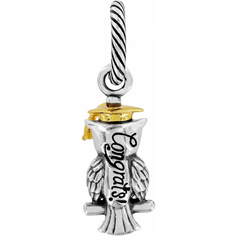 Brighton owl charm with gold-tone graduation cap and silver-tone body engraved with Congrats on a white background