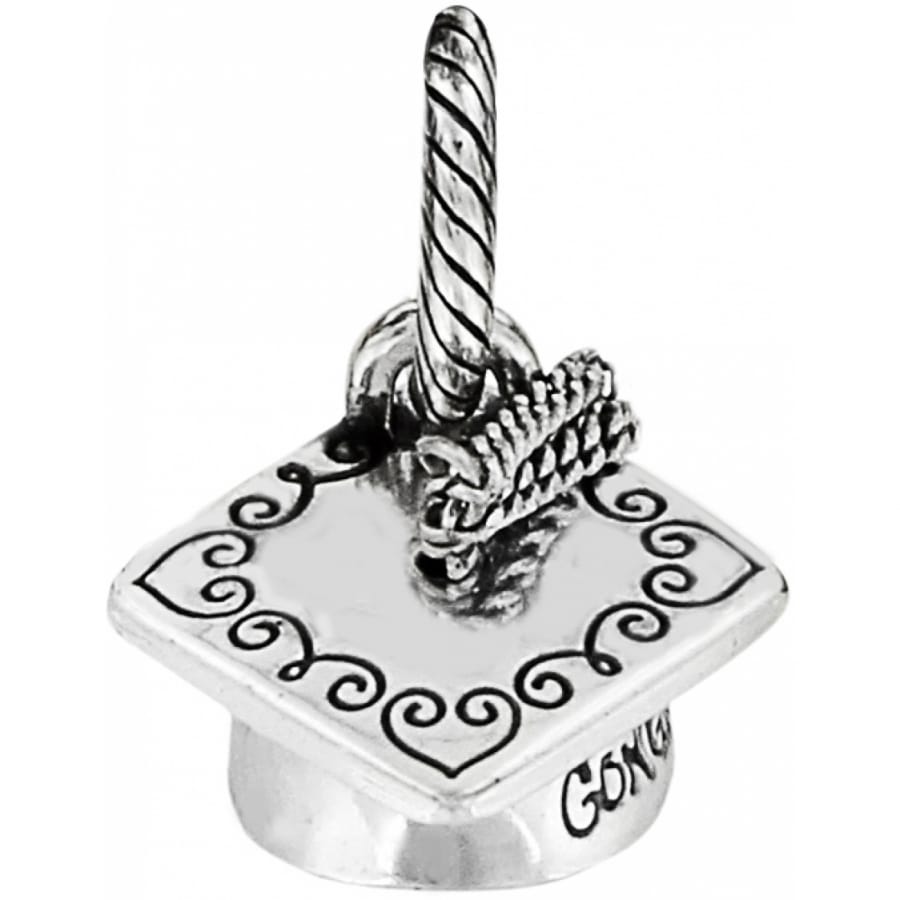 Brighton graduation cap charm with silver-plated finish, scroll heart border, and tassel detail on a white background