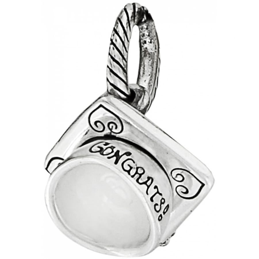 Brighton graduation cap charm with silver-plated finish, engraved Congrats banner, and rope-textured loop on a white background