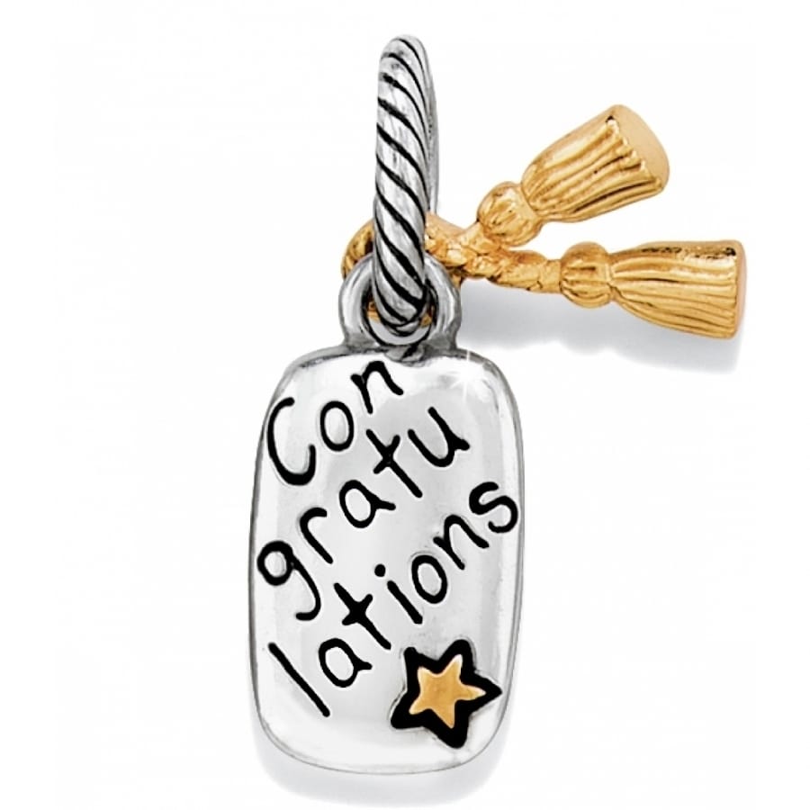 Brighton charm with silver-tone Congratulations tag, gold-tone star, and graduation cap tassel accents on a white background