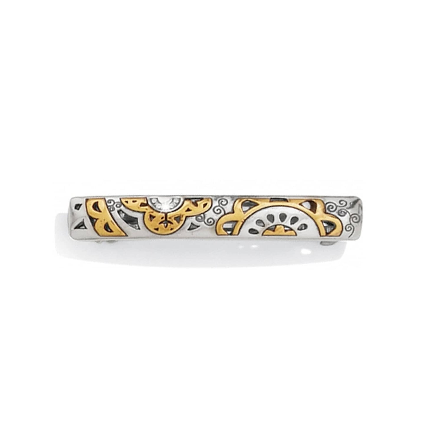 Brighton bar hair barrette with two-tone silver and gold scrollwork design and crystal accent on a white background