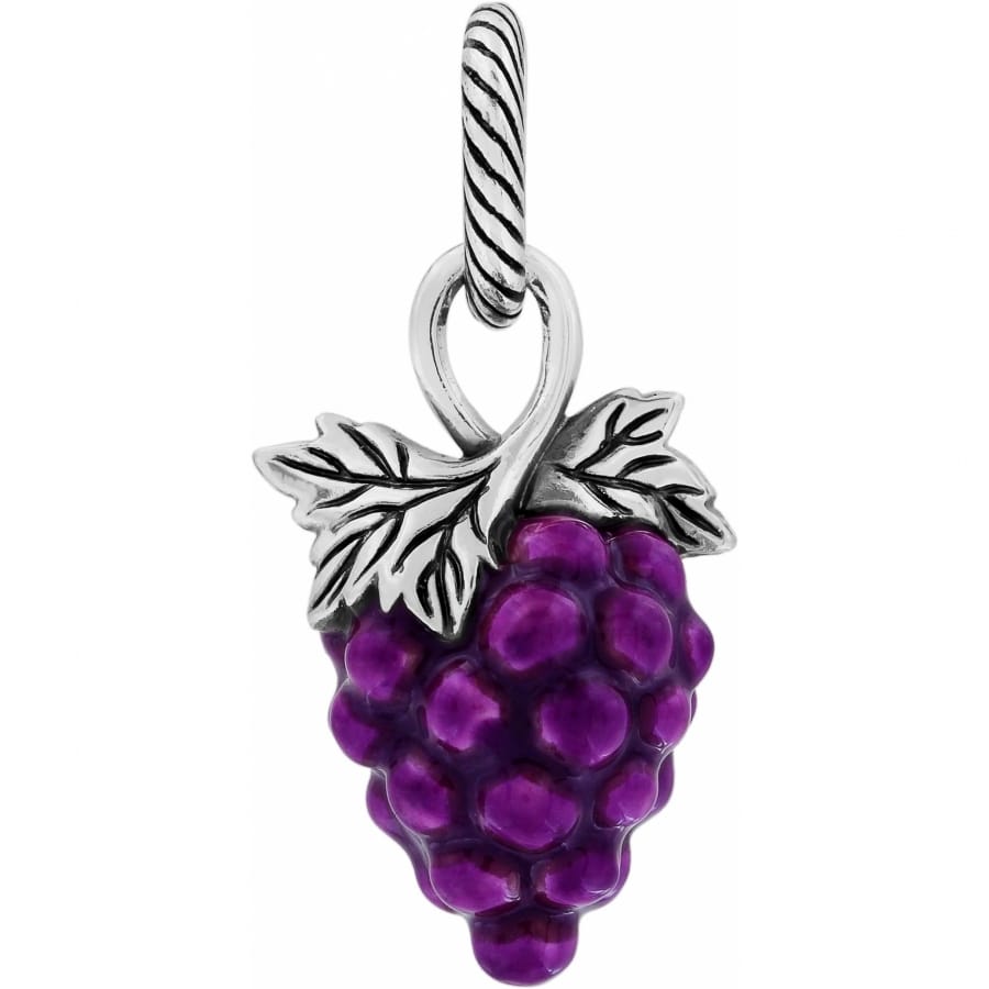 Brighton grape cluster charm with purple enamel finish and silver-tone leaves and bail on a white background