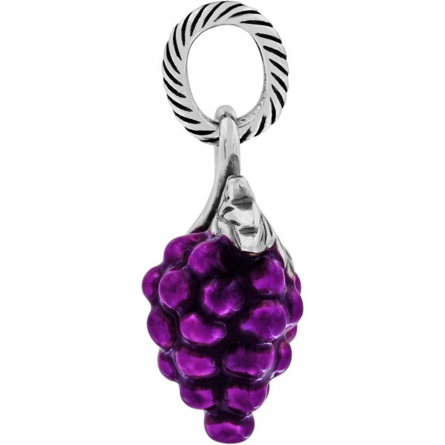 Brighton grape cluster charm with purple enamel finish and silver-tone leaf and bail on a white background