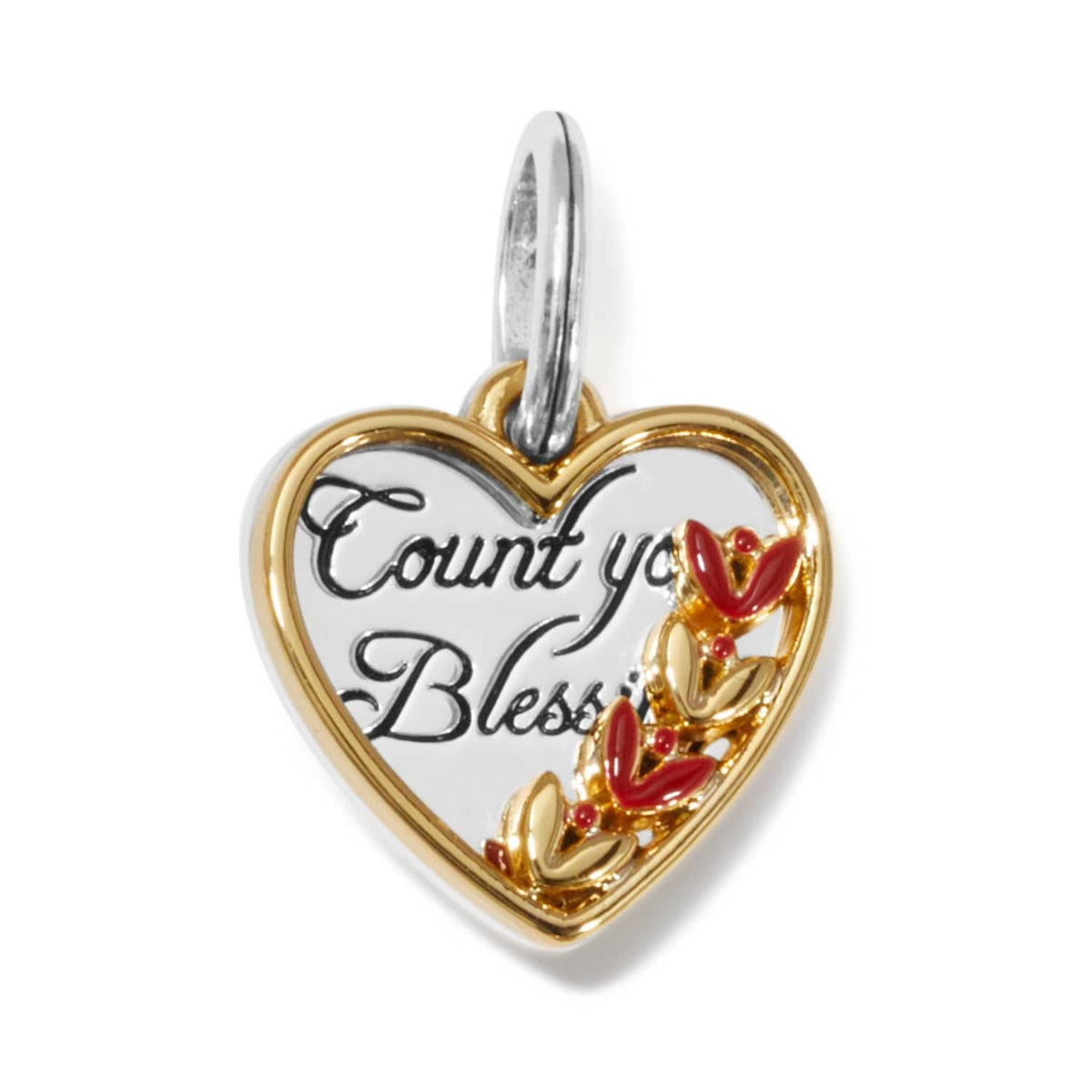 Brighton heart charm with two-tone finish, engraved Count Your Blessings script, and red enamel holly on a white background