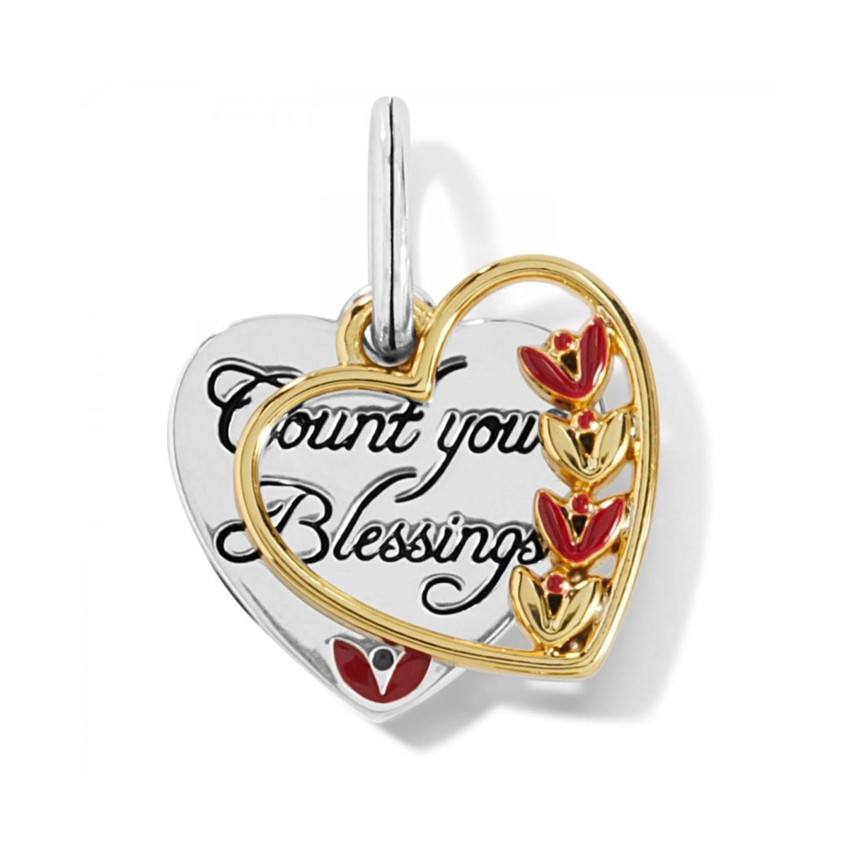 Brighton heart charm with two-tone finish, Count Your Blessings engraving, and red enamel tulips on a white background